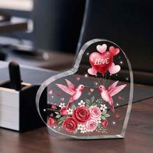 زينة أكريليك قلب بشكل فلامنغو مسطح 2D - بتصميم وردة وبالونات زهرية، مناسب لعيد الحب، عيد الميلاد، الذكرى السنوية، تركيب بدون بطاريات، زينة كلاسيكية بشكل فلامنغو للمكتب المسطح 2D