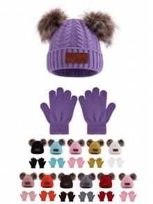 1 Stück gestrickter Hut + Handschuhe Set, Pompons Beanie und vollfingerige gestrickte Handschuhe, einfarbige warme Winter Mützen und Handschuhe für Jungen und Mädchen, vielseitige neue Version - 1PC - Übersicht 2