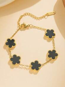 1pc Stainless Steel 5-Leaf Clover Elegant Bracelet, Versatile For Women To Wear Daily, Dates, Parties - Gold Clover Bracelet - View 5