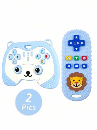 ETETOO 2pcs Set, Silicone Cartoon Bear Game Controller Teether Toys, Baby Soothing Teethers, Lion Pattern Silicone Simulated TV Remote Control Educational Teether Toys, Entertaining Gaming Controller Teether Toys, Perfect Sensory Chewing Toys For 0-3-6-12 Month Infants