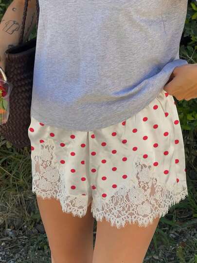 Women Lace Trim Satin Polka Dot Mini Shorts Y2K Elastic Low Waist Satin Lace Patchwork Coquette Micro Shorts Going Out Slip Bottoms Casual Wear