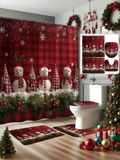 1/4件套圣诞雪人与红莓图案浴帘套装 - 假日冬季场景，包含雪人、冬莓和雪花图案，耐用涤纶材质，可机洗，浴室装饰，含挂钩，高品质印花家居装饰，欢乐雪人设计，适合家居装饰