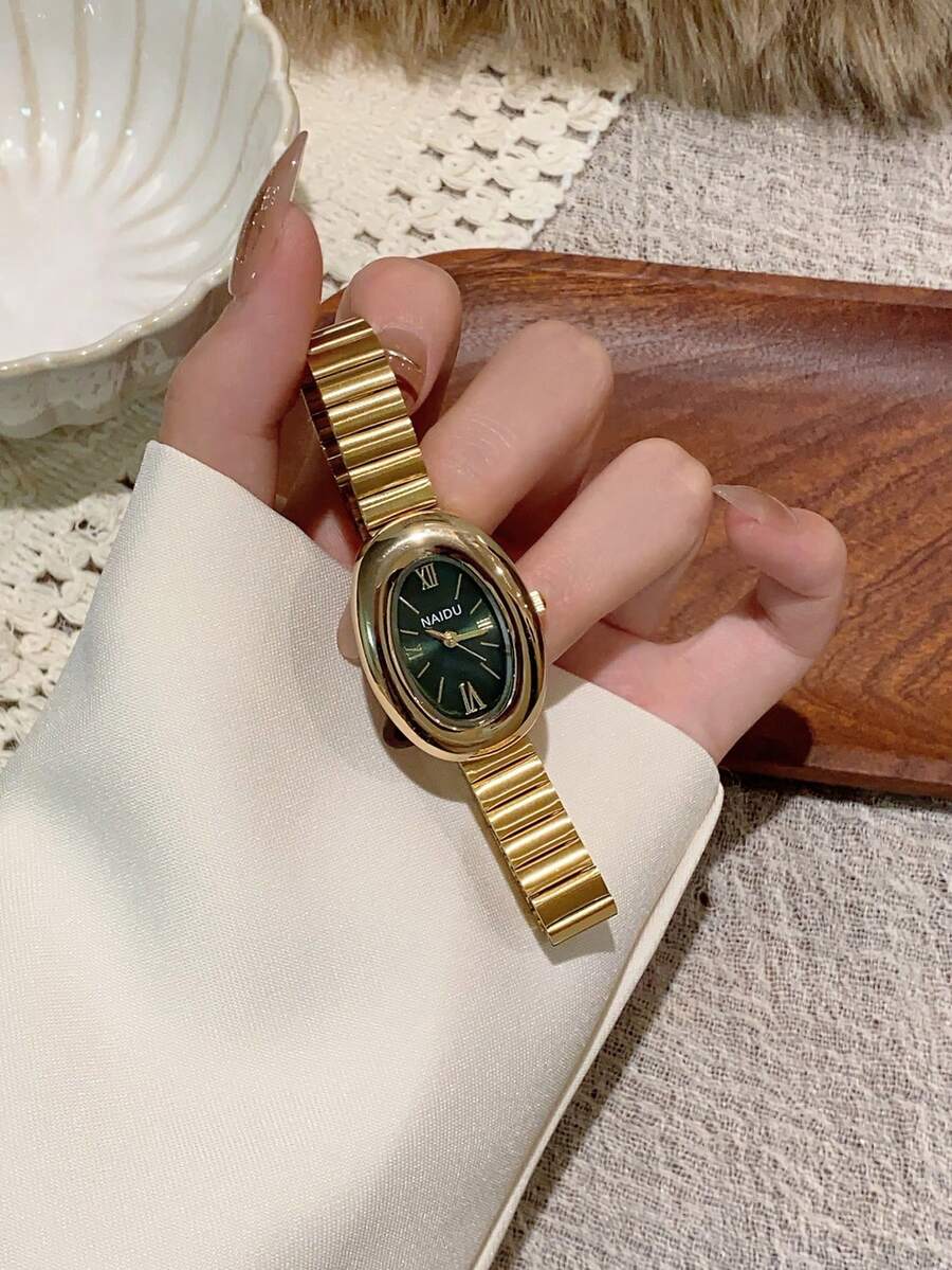 1件橢圓形竹紋錶帶女款手錶,金色可調節錶帶,優雅百搭石英腕錶,適合日常佩戴,日常禮物 - 金色 - 查看 1