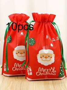 圣诞节 1/2/10 件无纺布束口袋，圣诞夜零食和礼品包装袋，圣诞老人设计，纹理材质，光滑丝带，可爱的礼品袋设计，温暖的整体风格 - 彩色 - 查看 8
