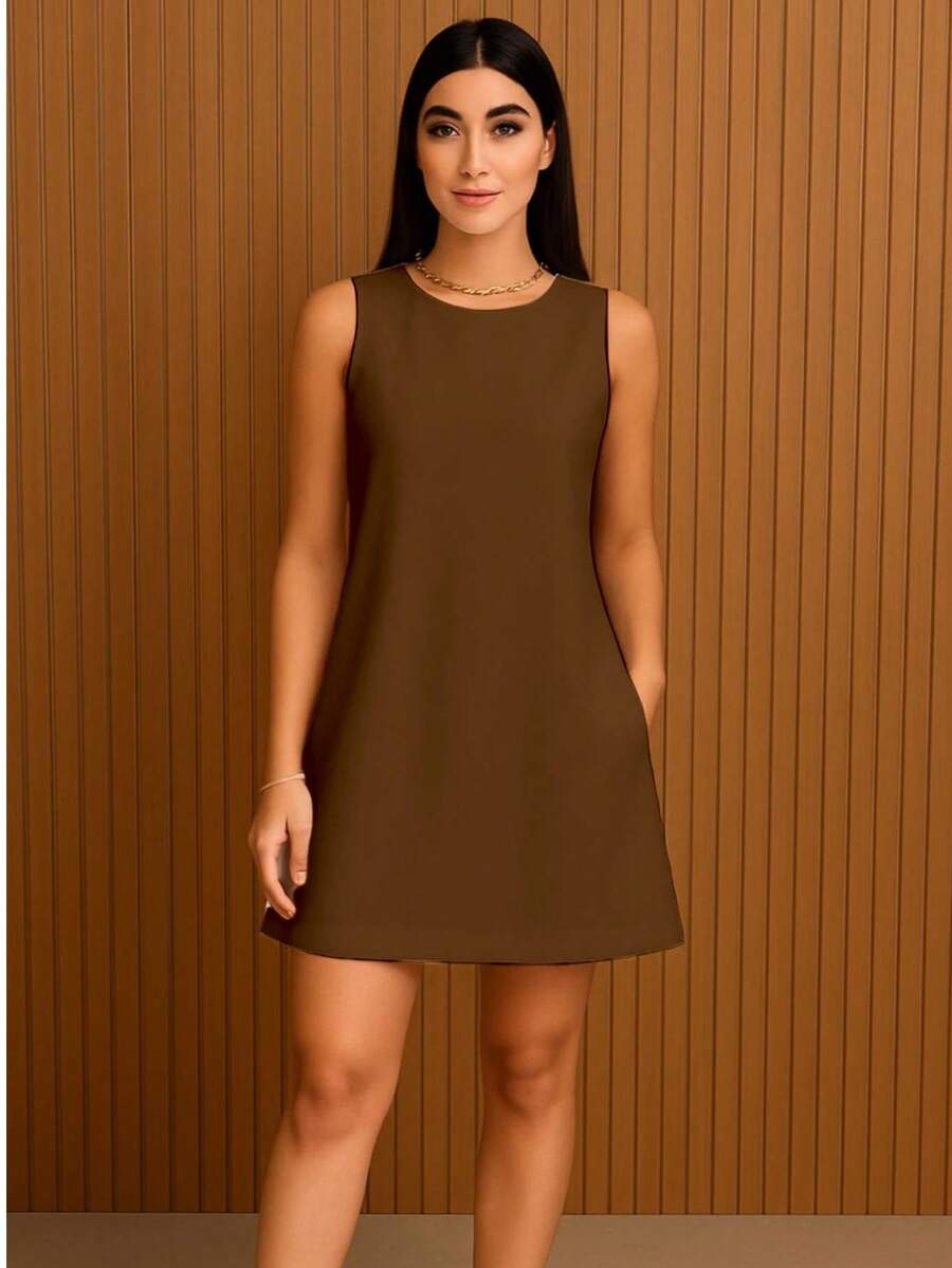 Women's A-Line Style Dress | Premium Tailored Fabric | Various Colors, Elegant And Modern With Pockets - Brown - View 1
