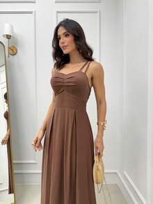 Long Dress With Double Straps And Ruched Detail On The Bust - Dark Brown - View 3