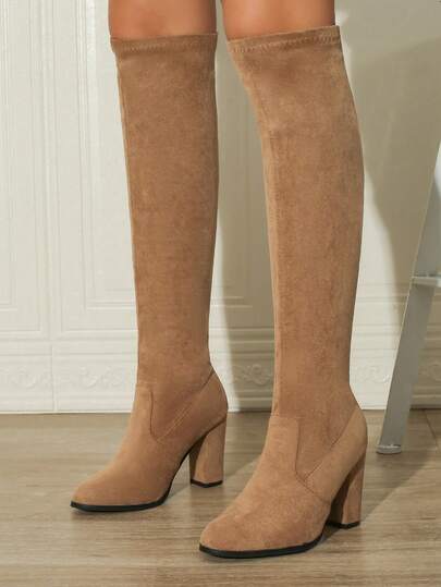 2024 Autumn/Winter New Round Toe High Heel Side Zipper Knee-High Boots, Thick Heel Tall Elastic Riding Boots For Women