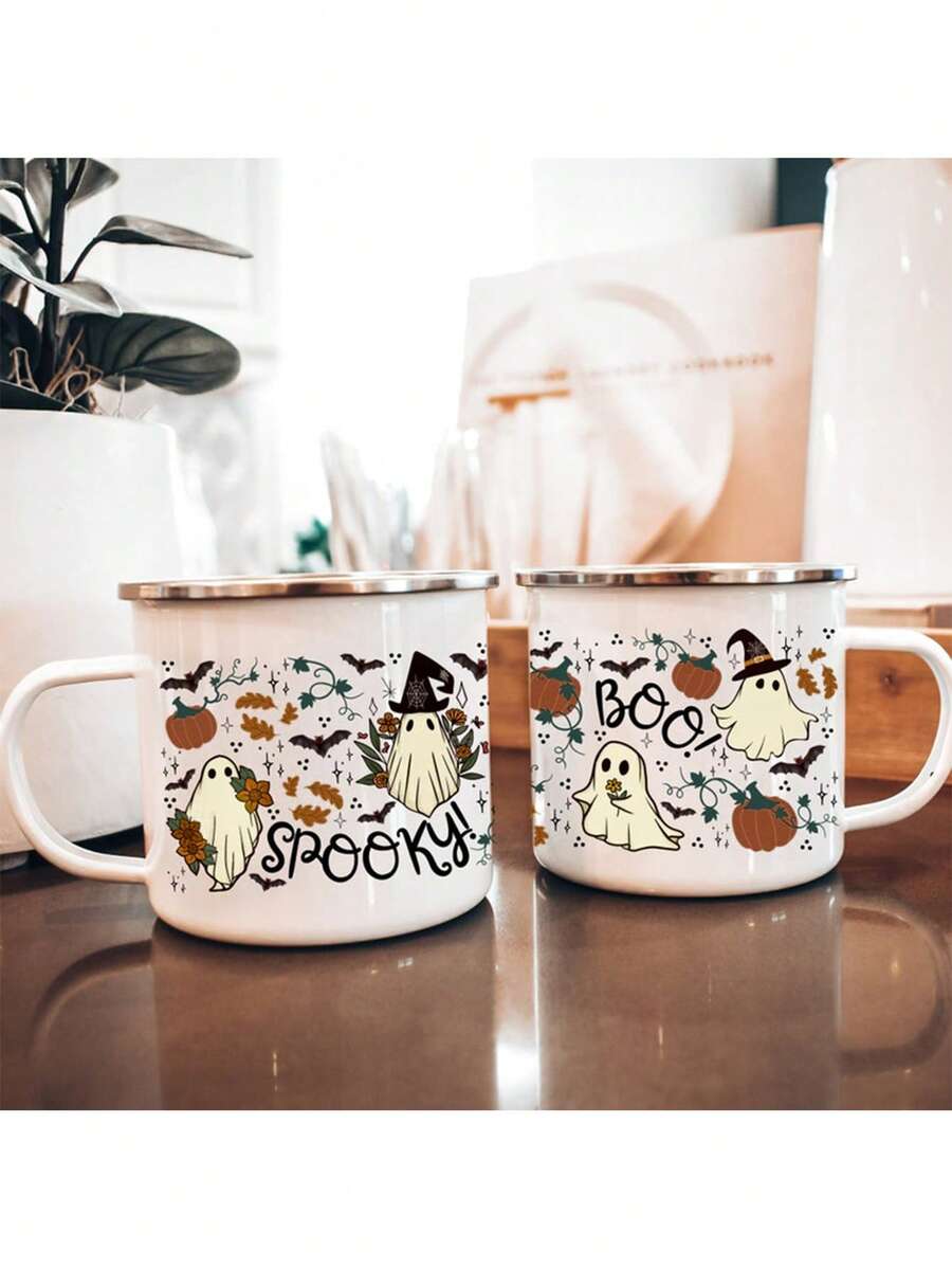 Caneca esmaltada branca com estampa fantasma de Halloween de One Piece, caneca branca pura, conjunto de canecas esmaltadas para acampamento, caneca faça você mesmo para chá, café e chocolate quente, presente de Halloween, presente de Natal, presente perfeito para amigos da família, namorado, pai, mãe, filhos