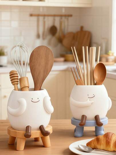 قطعة واحدة رف تخزين أدوات المطبخ ذو شخصية كرتونية جميلة، منظم أدوات المائدة الخشبية متعدد الوظائف مع تصميم للتصريف، حل تخزين أنيق للأرفف لتخزين العيدان والملاعق والشوك، إكسسوار ديكور مطبخ عصري