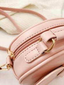 1pc Girls Bow Decor PU Zipper Closure Fashion Handbag, Small Round Crossbody Bag, Suitable For Daily Use All Seasons