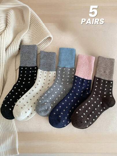 5 Pairs Women's Polka Dot Contrast Color Mid-Calf Socks, Warm And Versatile, Autumn/Winter