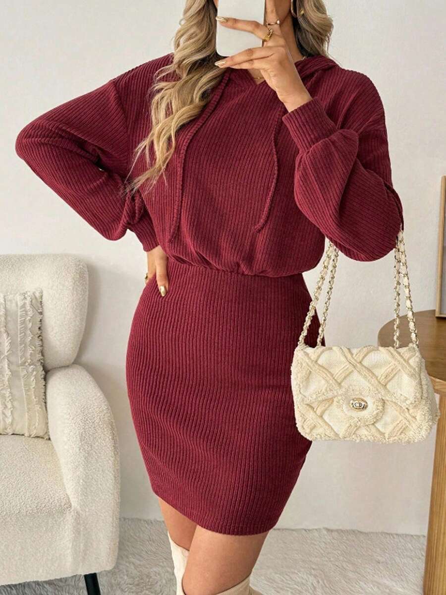 Women's Fall Mini Knit Dress Long Sleeve Solid Color Hood Dress Casual Slim Fit Dress - 酒紅色 - 查看 1