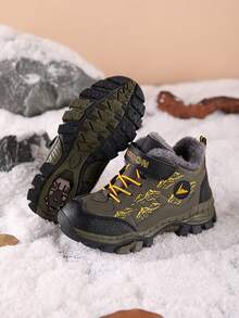 Boys' Winter Plush Thick High-Top Hook And Loop Outdoor Sports Shoes, Comfortable & Versatile, Exquisite Snow Boots For Halloween - Army Green - View 11