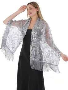 New Luxury Sequin Embroidered Tassel Shawl, Suitable For Wedding, Banquet, Ball, Party, Cheongsam, Floral & Paisley Print, Polyester, All Season