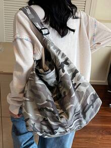 Borsa in tela vintage lavata di colore grigio mimetico di grande capacità, semplice e casual, con chiusura a cerniera, adatta per uso quotidiano, scuola, college, brevi viaggi, stile di strada, borsa a tracolla pieghevole e patchwork, borsa a spalla morbida per campeggio all'aperto