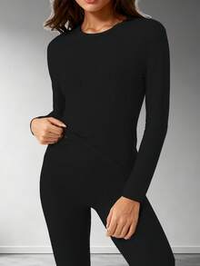 4 PCS Women,Workout Sets Women,Women's Solid Color Minimalist Casual Long Sleeve Top And Pants Set-Lined Set,Yoga Set - 黑色+黑色 - 查看 7