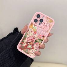 Pink Case Para Phone With Strawberry Girl And Flower Cat Patterns, Suitable For 16/15/14/13/12/11, To Give To Family/Friends/Lovers - 粉色 - 查看 4