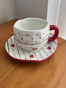 1 Juego de taza y platillo con patrón asimétrico de línea de corazón, taza de café y platillo, taza para arte de latte, taza de té de la tarde, taza vintage de avena y leche para el desayuno, regalo para fiestas, regalo de cumpleaños