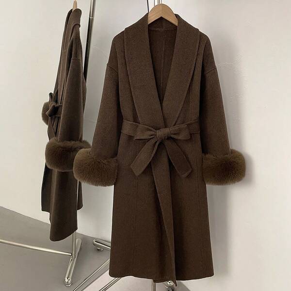 OFTBUY Long Solid Color Wool Blend Fuzzy Fur Coat, Casual Street Style For Women, Autumn/Winter