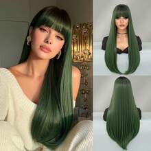 NAMM 28Inch Extra Long Straight Green Wigs For Women Gorgeous Nature Looking Wigs With Full Bangs,High Density Fluffy Synthetic Heat Resistant Fiber Hair,Goth Costume Wig For Anime Cosplay Wear, Music Festival Party Use - 軍綠色 - 查看 12