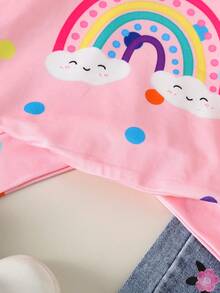 2pcs/Set Baby Girls' Pink Rainbow Polka Dot Long Sleeve Top + Floral Print Wide Leg Jeans Outfit, Cotton Soft Fabric, Casual Everyday Wear - Multicolor - View 5