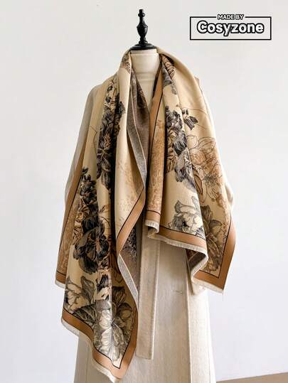 1条优雅花卉植物图案提花仿羊绒保暖围巾/披肩，适合秋冬季节女性日常搭配和装饰连衣裙。