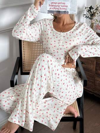 Nina Bonheur 两件套女士碎花圆领长袖上衣+松紧腰裤睡衣套装，可爱家居服，秋冬服装