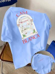 Camiseta gráfica azul claro para hombres Casa Blanca - Impresión artística de y paisaje, poliéster ligero, camiseta de verano de manga corta de ajuste regular, lavable aáquina, ropa casual, impresión elegante, ajuste cómodo, estilo streetwear - Blanco - Ver 4