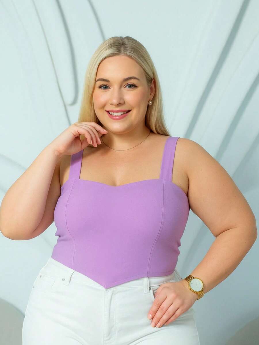 PLUS SIZE BENGALINE CROPPED TOP WITH STRAP AND POINT DETAIL - 紫丁香色 - 查看 1