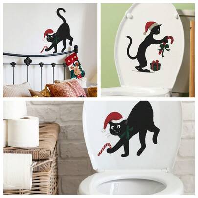 圣诞节黑猫携带礼物马桶座贴纸，浴室家居装饰自粘贴花