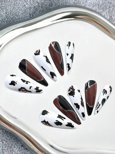10 Peças Unhas Postiças Estilo Francês Stiletto Feitas à Mão, Peças de Arte de Unhas Multicoloridas com Pó Espelhado Ombré, Estampas de Vaca Pintadas à Mão e Padrões Color-Blocking Estilo Y2K, Unhas Falsas Brilhantes de Cobertura Total DIY