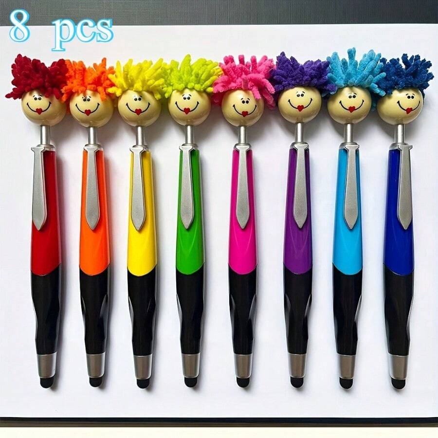 8 Pack Cute Face Mop Stylus Ballpoint Pens, 1.0mm Black Ink, Kids Back To School Stationery, Holiday Party Favors - Mix 8PCS - View 1