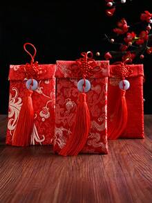 丝绸信封中国红包卡信封压岁钱红包中国红礼品卡信封礼品包装袋带结铜2026年新年，春节，婚礼，中国元素节日丝绸红包礼品卡信封，中国结玉吊坠铜