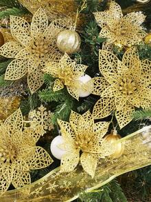 1/10pcs Christmas Decorative Gold Powder Pine And Cypress Branch Hollowed-Out Double-Layer Christmas Flowers, Simulated Pine And Cypress Branch Christmas Tree Decoration Ornaments, DIY Flower Garland Arrangement, Colorful Artificial Flowers, Christmas Party Table Center Decoration Ornaments, Vase Arrangements, Shining Red Gold Powder Christmas Christmas Flowers, Christmas Tree Decoration Flower Accessories - Verschiedenfarbig - Übersicht 2