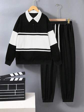 2 Pieces Set Of Teen Boys Casual Sports Contrast Patchwork Pullover Long Sleeve And Loose Drawstring Sweatpants Tracksuit Set For Spring And Autumn