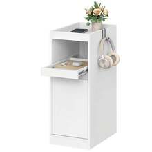 Narrow Bedside Table, Nightstands With Tray, Side Table With 1 Door, Side Table With 2 Hooks, Space-Saving, For Bedroom, Living Room, Modern Style, White, 35 * 24 * 64 Cm - 白色 - 查看 5