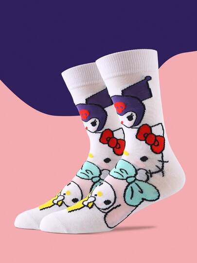 Sanrio 1 Pair High Quality Kuromi, My Melody, Hello Kitty Cartoon Mid-Calf Socks, Fun, Cute, Comfortable Socks For All Seasons, Suitable For Easter/Birthday/Thanksgiving/Halloween/Christmas/Carnival/Valentine's Day/Party Holiday Gifts