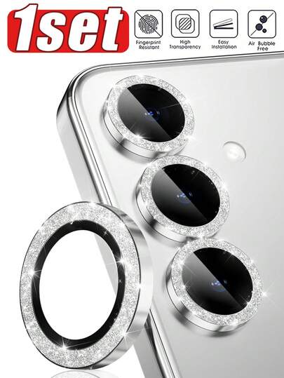 1 Set Of Tempered Glass Compatible With Samsung Galaxy S25/S25 PLUS/S25 Edge/S25 Ultra/S24 Ultra/S24/S24 PLUS/S23 Ultra/S23/S23 PLUS/S22 Ultra/S22 Camera Lens Protective Film, Suitable For Galaxy A55/A54/A53/A52/A50S/A16/A15/A14 Lens Protective Case, 9H Tempered Glass + Aluminum Alloy Metal Separate Lens Protection Ring [Glitter Decoration] Ultra HD Tempered Glass Cover, Glitter Silver Shadow