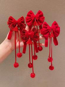 2 件新年红色儿童夹仿古风格发饰蝴蝶结丝带流苏公主头饰女孩圣诞节多功能发卡（纸卡仅供展示） - 紅色 - 查看 2