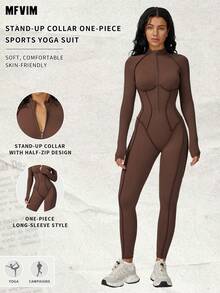 MFVIM Salopetă sport dintr-o singură piesă pentru femei, cu mânecă lungă și fermoar pe jumătate, costum de fitness strâmt și sexy, costum de yoga sport de înaltă intensitate.