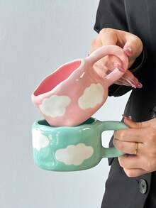 1pc Fresh Ceramic Coffee Cup & Saucer Set, Large Capacity Minimalist Blue Sky White Cloud Hand-Painted Ceramic Cup With Coaster, Vintage Style Coffee/Afternoon Tea Tableware, Suitable For Spring Breakfast/Brunch And Gathering With Friends, Women's Coffee Cup, Commercial Use Or Gift