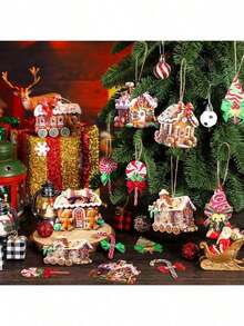 36pcs Christmas Gingerbread House Ornaments Suit Wooden Christmas Tree Ornaments Lollipop Flat Train Donut Cake Ornaments Mint Ornaments Christmas Tree Party Supplies Christmas Decorations Winter Room Decor