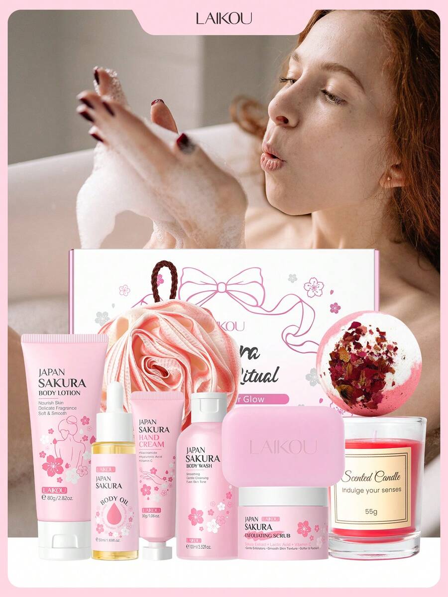 1 طقم العناية بالجسم من LAIKOU، (غسول جسم بعطر الكرز 100مل + صابون كرز 90جم + زيت جسم كرز 50جم + كرة استحمام وردية (مسحوق خفيف) + لوشن جسم كرز 80جم + قشارة جسم كرز 25جم + شمعة عطرية (وردية) 55جم + كرة ملح استحمام (عطر وردي مجفف) 100جم + كريم يد كرز 30جم) هدية عيد الميلاد للعناية بالبشرة - احمر وردي اللون - مشاهدة 1