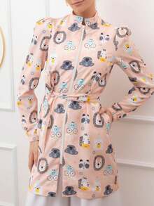 cimmuovere Women's Long Sleeve Puff Sleeve Long Open Front Collar Waist Tie Cute Print Scrubs Nurse Scrubs Workwear Dentist Healthcare Pet Hospital Laboratory Jacket Spring - Dusty Pink - View 6