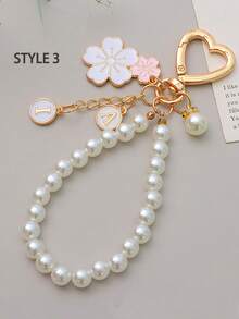 1pc Japanese Faux Sakura Flower & English Letter Charm, Metal Keychain Pendant, White Pearl Bag Decor, Birthday Gift For Mother And Female Friends - Multicolor - View 6