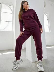 Conjunto de Sudadera con Capucha para Mujer - Ropa Casual y Deportiva, Tejido Cómodo y Transpirable, Diseño Práctico con Bolsillos y Cuerdas Ajustables, Estilo Minimalista y Versátil, Ideal para Varios Escenarios de Uso, Silueta Elegante y Moderna. - Vino tinto 1 - Ver 4