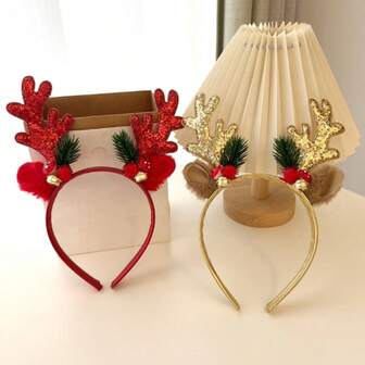 Christmas Headband With Deer Antlers & Bells, Glitter Decor Headpiece For Party & Christmas Outfit