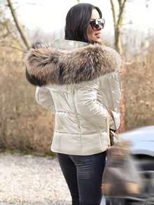 Women's Fashion Glossy Fluffy Collar Hooded Zip-Up Winter Jacket - Pearl White - View 3
