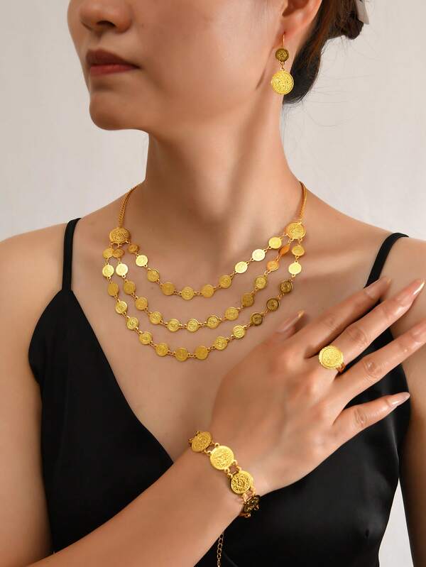 4 قطع مجموعة مجوهرات مطلية بالذهب على طراز عربي - قلادة متعددة الطبقات بعملات مع سوار وخاتم وأقراط مطابقة، مجموعة فاخرة من 4 قطع لمناسبات خاصة