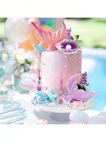17pcs Mermaid Tail Cake Decorations, Ocean Series Cake Decorations, Fantasy Mermaid Tail Cake Decoration Accessories, Seaweed Coral Shell Starfish Cake Inserts, Suitable For Baptism Cake Decorations, Birthday Cake Decorations, Babyshower Party Cake Decorations, Mermaid Theme Cake Decoration Party Supplies (Soft Rubber Material, Reusable)